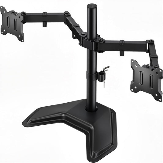 monTEK Freestanding Dual Monitor Stand for 17-32" Screens, 22 lbs Each | Solid V-shaped base, dual-screen full-motion arms, height adjustment, tilt, swivel, rotation and VESA 75/100