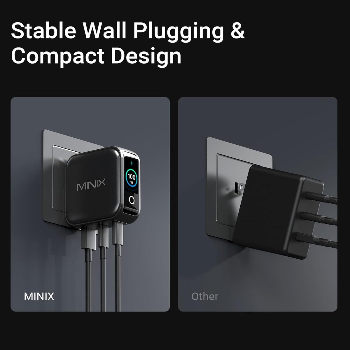 MINIX 100W 3-Port GaN USB C Fast Charger Block with Smart Display, Foldable | Ultra-Compact Laptop Travel Wall Adapter, Touch Control for MacBook Pro, iPhone 17/16, iPad, Galaxy S25/24 (Non-Battery)