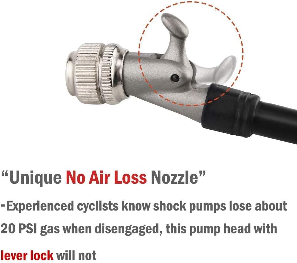 Giyo High Pressure Shock Pump, (300 PSI Max) for Fork & Rear Suspension, Lever Lock on Nozzle No Air Loss (Black)