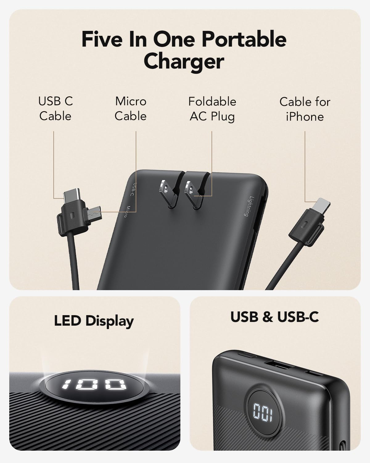 VRURC Portable Charger, Power Bank Built-in Cables and AC Wall Plug | USB C Portable Bank 10000mAh,Travel Essentials Phone Charger Compact External Battery Pack for Smart Phones,Tablets-Black