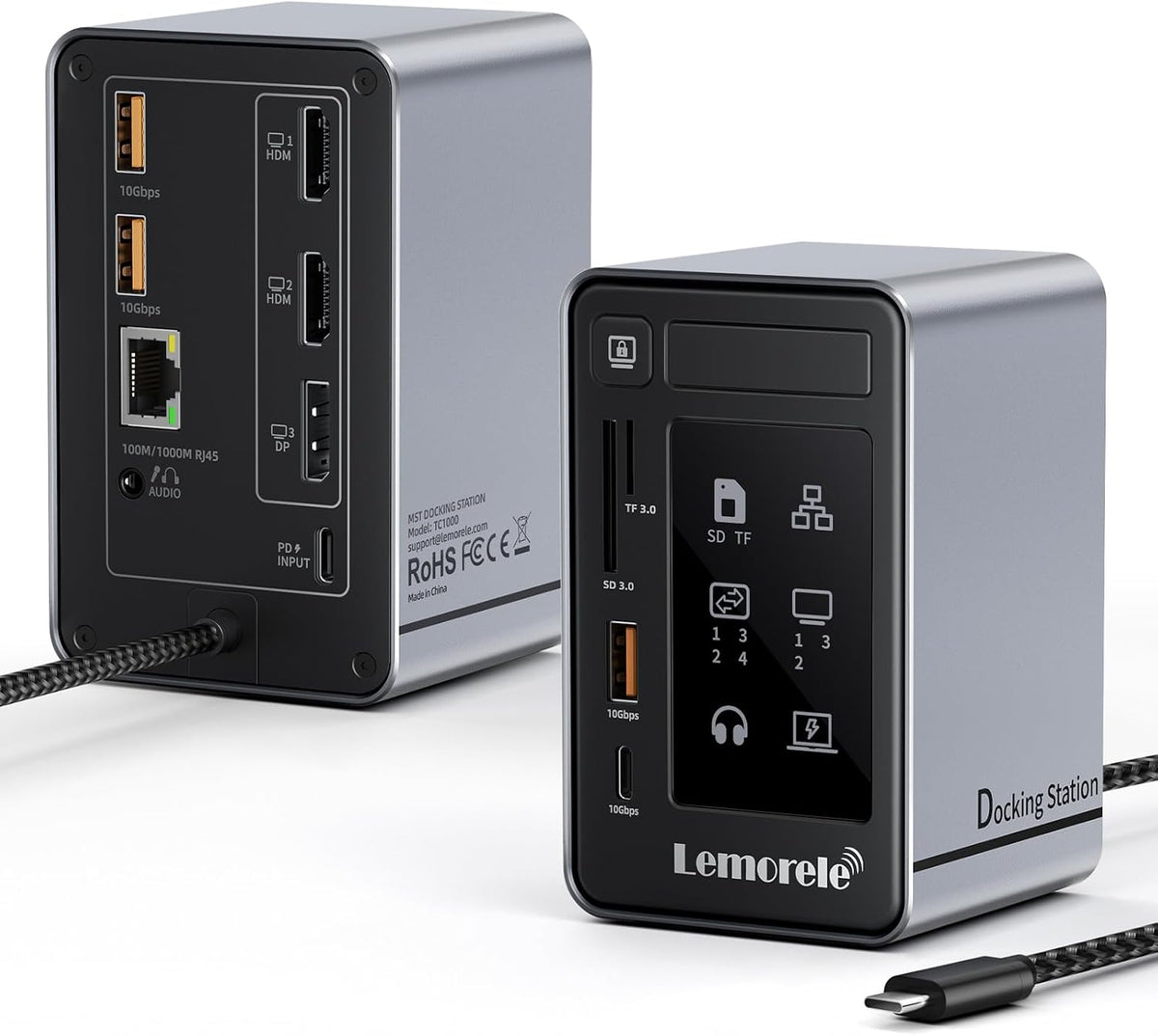Lemorele Aluminum USB C Docking Station 2HDMI DP 4K 100W Gigabit LAN Hub
