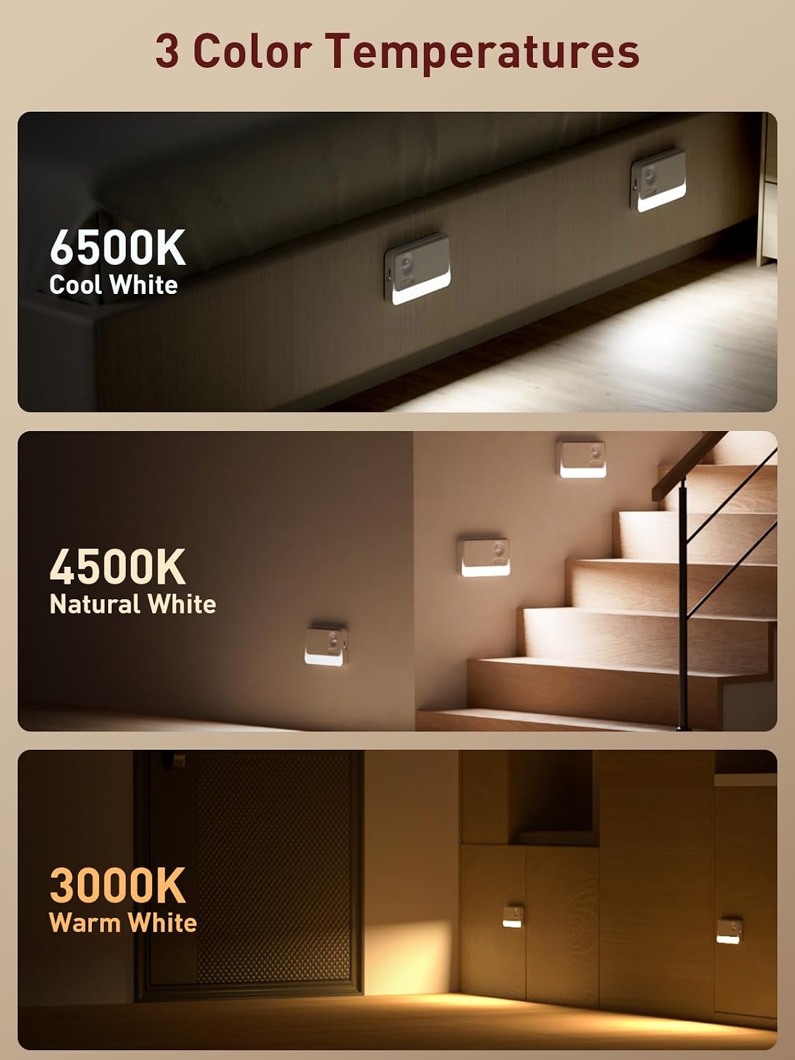 long-stars Sync Motion Sensor Night Lights, 1800mAh Linkage Rechargeable Stair Lights Indoor, 3 Color Temperatures, Magnetic Mounting for Hallway, 3 Pack