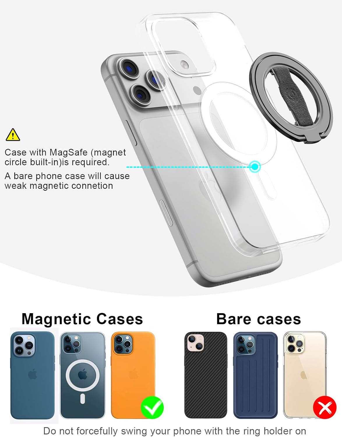 EWA MagOne 3rd Gen [Compatible with MagSafe] Phone Grip Stand with Finger Strap, Removable Magnetic Ring Holder Kickstand Loop for iPhone 17,16,15,14,13,12 Series (Black)