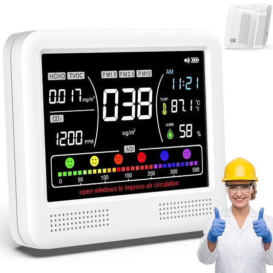16-in-1 Air Quality Monitor Indoor, CO2 Monitor with 9 Readings & 7 AQI Alerts, Air Quality Tester for CO2, TVOC, HCHO, PM2.5 PM1.0 PM10, Temp Humidity & Time, Indoor Meter for Home Office (PureWhite)