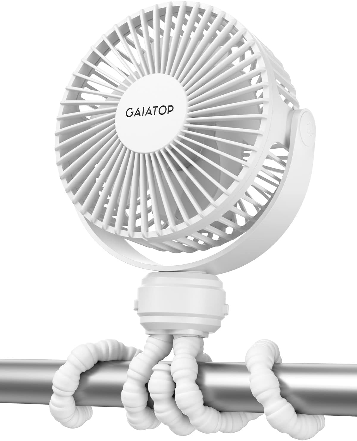Gaiatop Mini Portable Stroller Fan, Small Clip on Fan 3 Speed Rechargeable | 360° Rotate Flexible Tripod, Battery Operated Detachable, Cooling for Car Seat Crib Treadmill Travel White