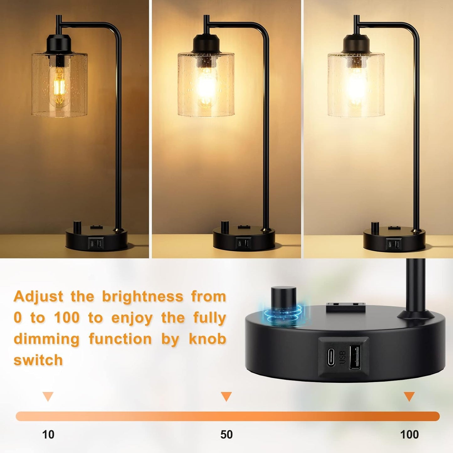 Industrial Desk Lamp, Fully Dimmable Small Bedside Table Lamp, Black, USB C | Glass Shade, USB C+A Charging Port & Outlet, Lamps for Bedroom, Night Stand, Home Office, Living Room