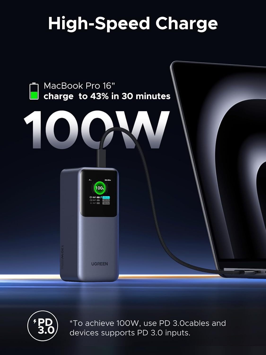 UGREEN Nexode 20000mAh 130W Portable PD Power Bank for MacBook Pro 16 | TFT smart display, 72Wh, PD 3.0. Fast for MacBook, iPad, iPhone 17/16, 3-port for multiple devices