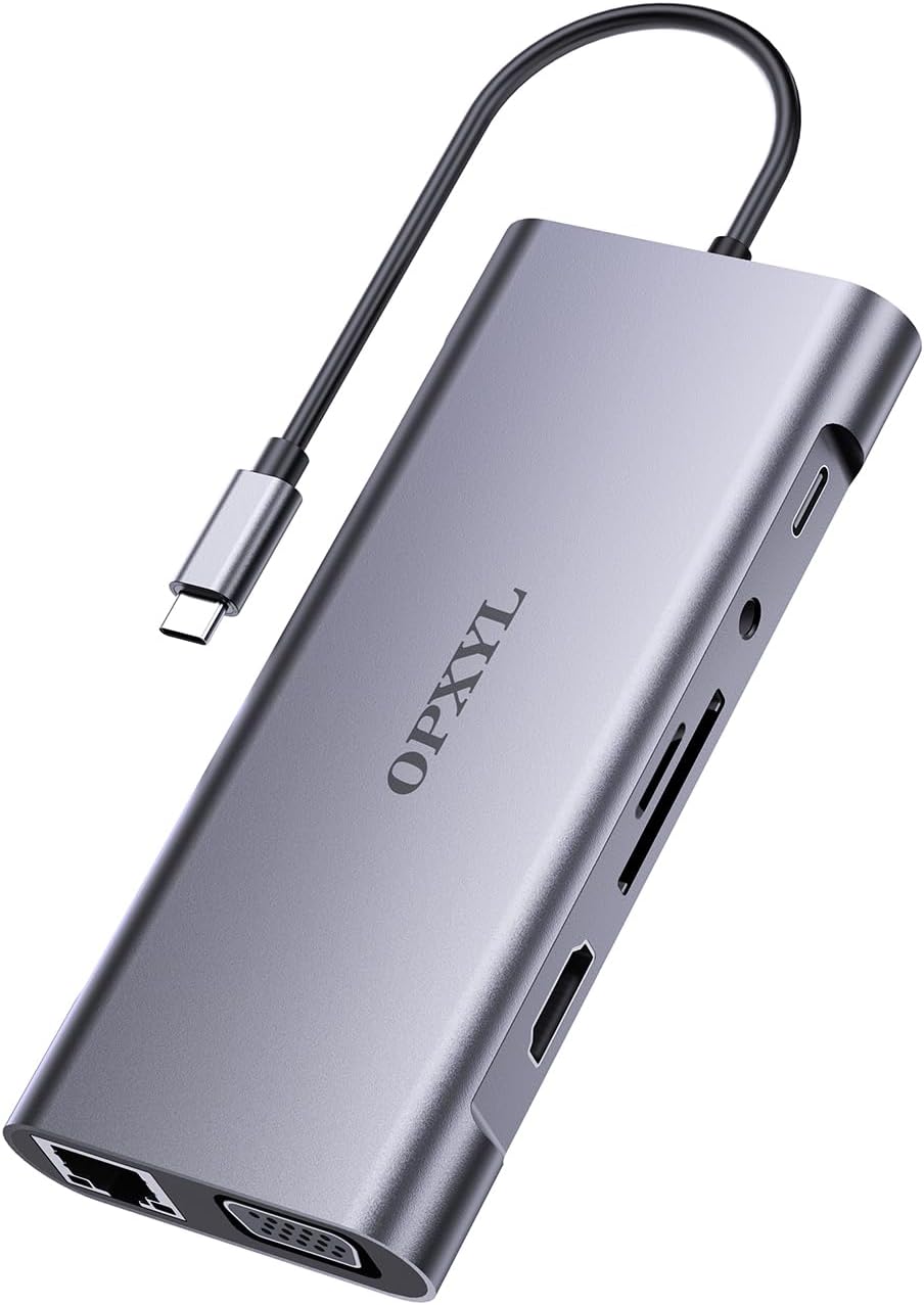 OPXYL 11-in-1 USB C Hub Multiport Adapter, USB C Docking Station with 4K HDMI, VGA 1080P, 100W PD, Ethernet, SD/TF, Audio, USB 3.0 Port, Laptop Dock for MacBook Pro/Air, iPad, Windows