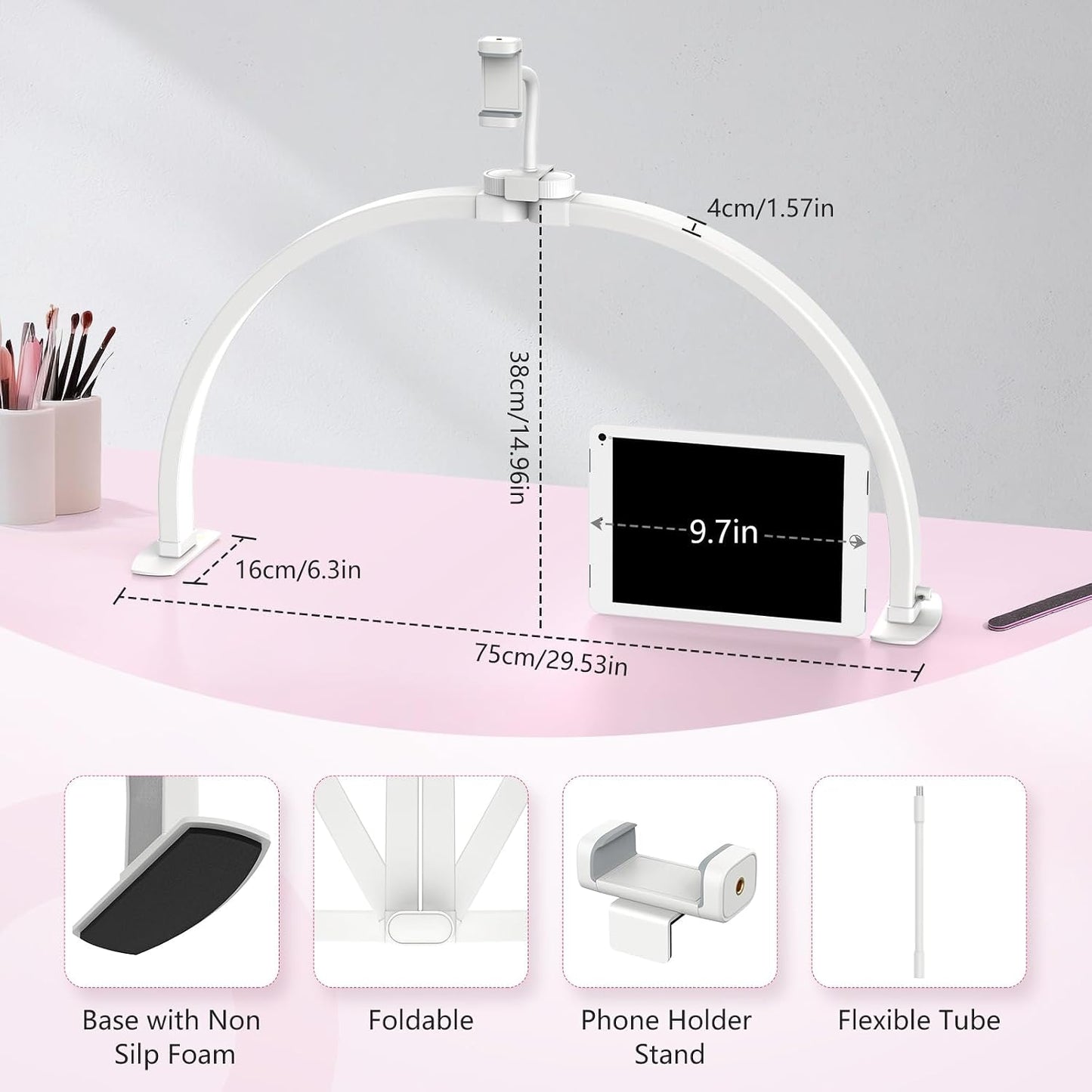 Yokilly Half Moon Light for Nail Desk: 29" Foldable Nail Light for Desk | Arch Nail Tech Light with Phone Holder for Beginner - 3 Color Modes & 10 Brightness for Manicure Salon-White