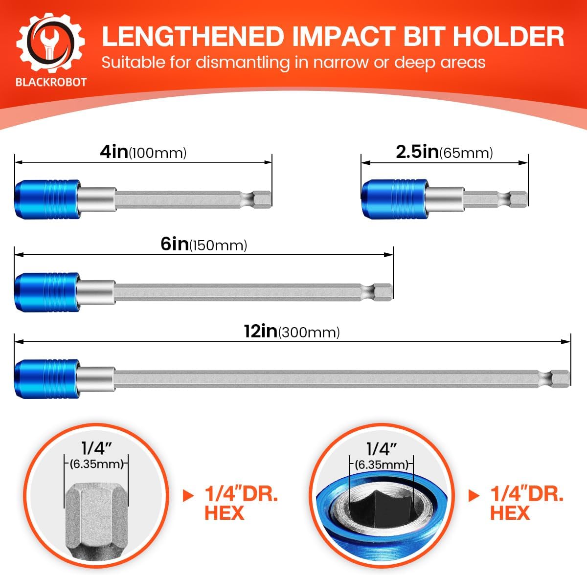 BLACKROBOT 8-Piece Drill Bit Extension Set, Magnetic Quick Change Impact Bit Holder in 2.5", 4", 6", 12" Sizes, for 1/4" Hex Drives, CR-V Steel, Ideal for Screwdriver Bits, Nuts, Drills