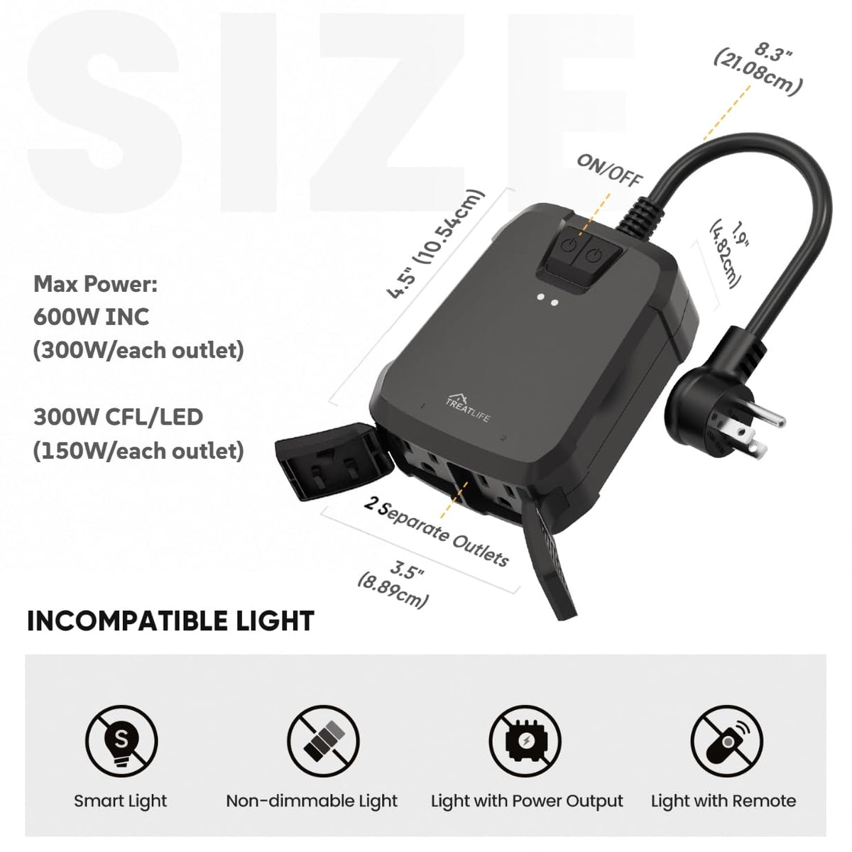 TREATLIFE 2 in 1 Outdoor Smart Dimmer Plug, 2 Individual Control Sockets, 600W, Compatible with Alexa, Google Home, IP64 Dimmer for Outdoor String Lights, Dusk to Dawn, 2.4GHz WiFi Only