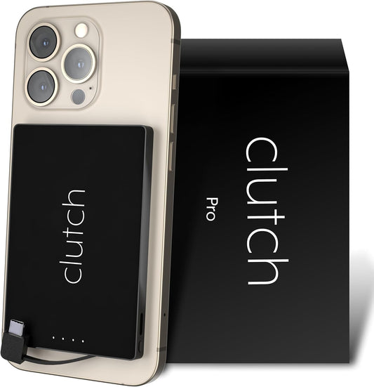 Clutch Pro – World's Thinnest Portable Charger – USB-C Power Bank 5000mAh – Magnetic Built-in Cable – TSA Approved Travel Charger – iPhone 15/16/17 & Android – Black
