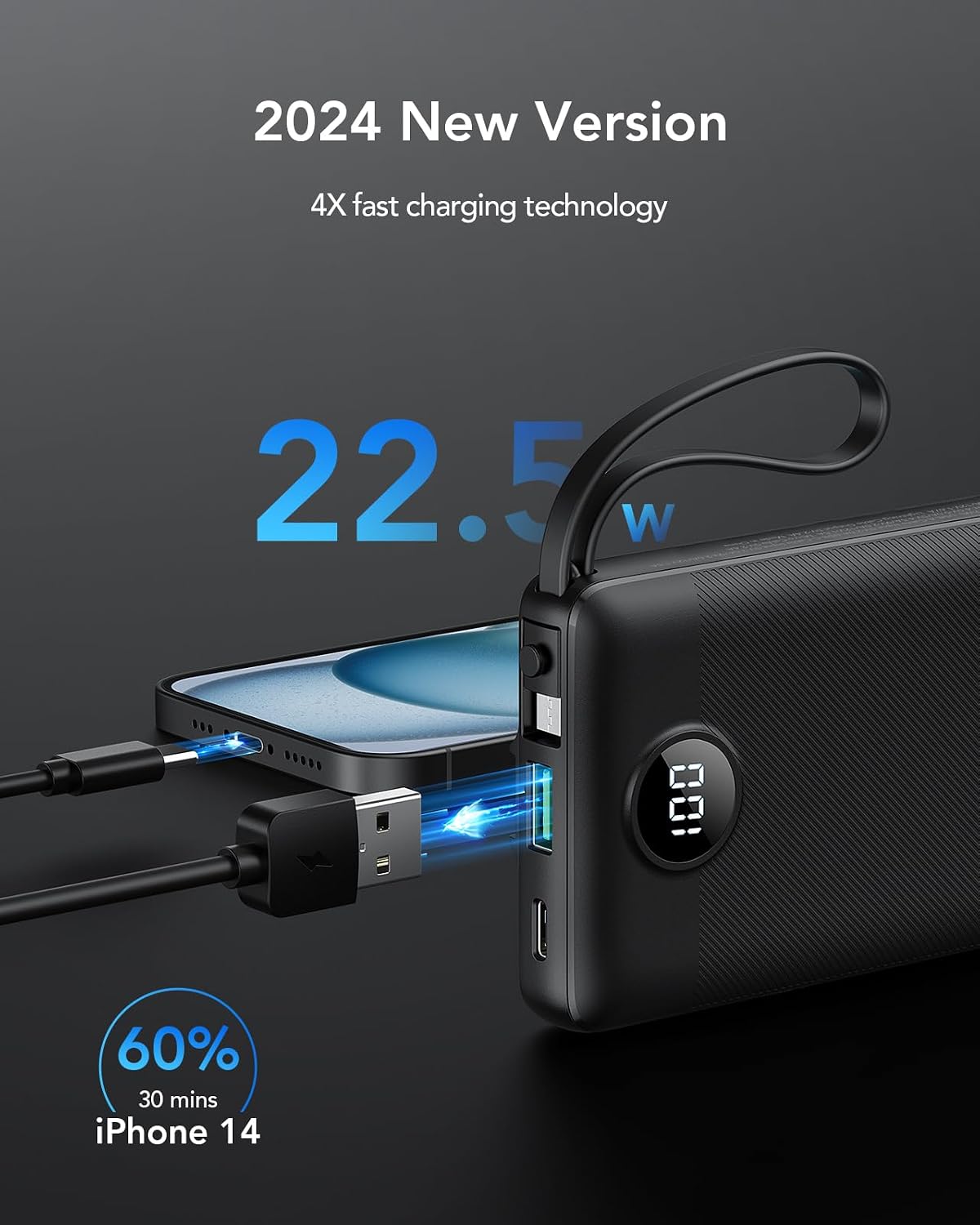 VRURC Portable Charger, 20W PD Fast Charging Power Bank Built in 4 Cables | 10000mAh Compact Portable Phone Charger, 5 Outpputs USB C Battery Pack for iPhone, Samsung & Multi Devices-Black(1 Pack)