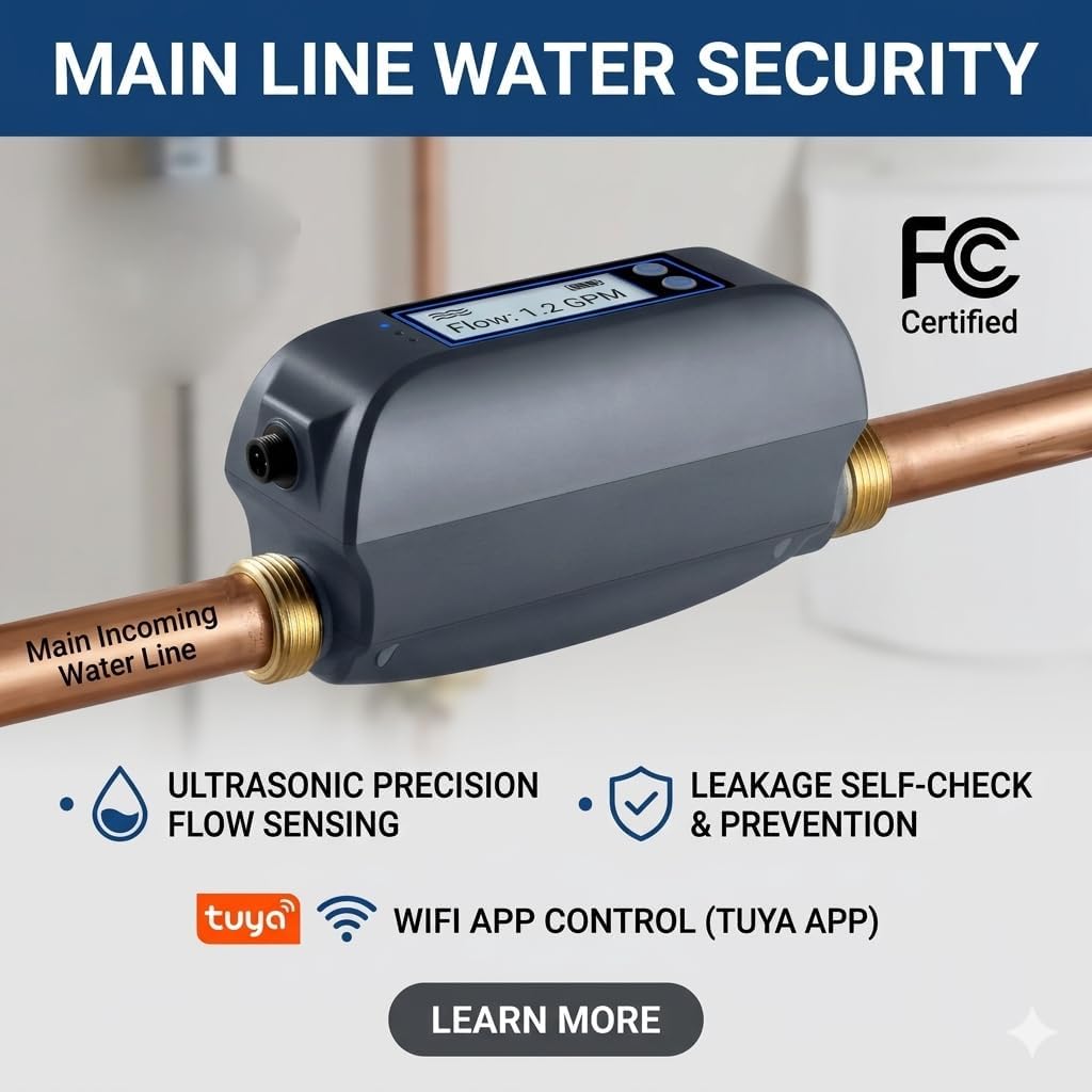 Haozee WiFi Smart Water Valve and Auto Shut-Off | Ultrasonic Flow Detection,Customizable High/Low Flow Alerts, With Wifi Water Sensor,For 3/4" Diameter DN20 Pipe