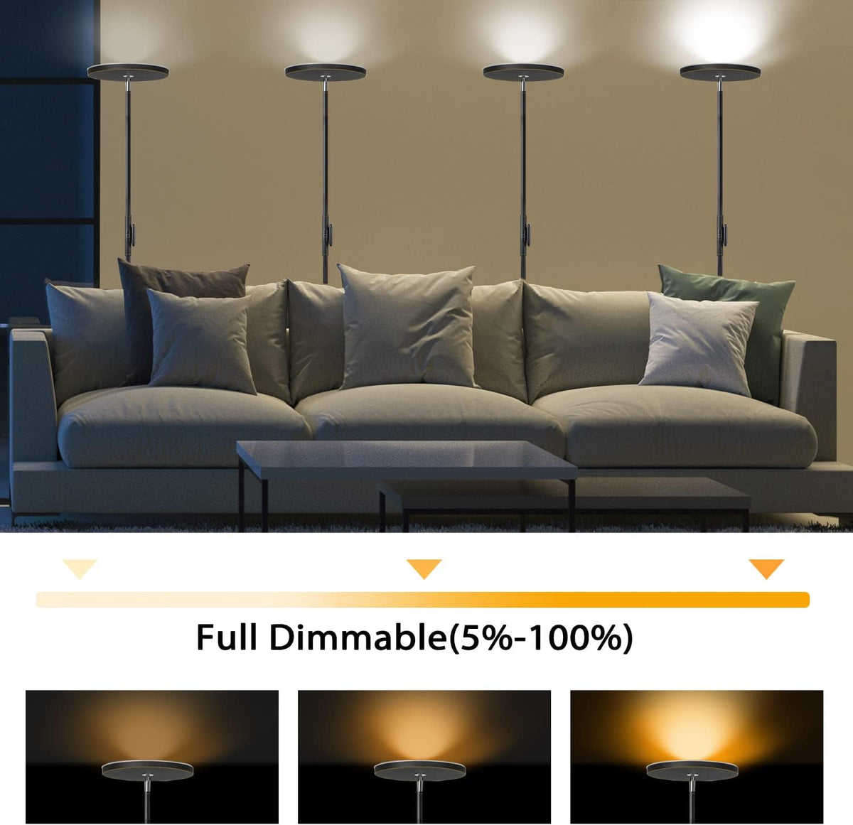 JOOFO LED Torchiere Floor Lamp with Remote, Stepless Dimmable, Black Gold