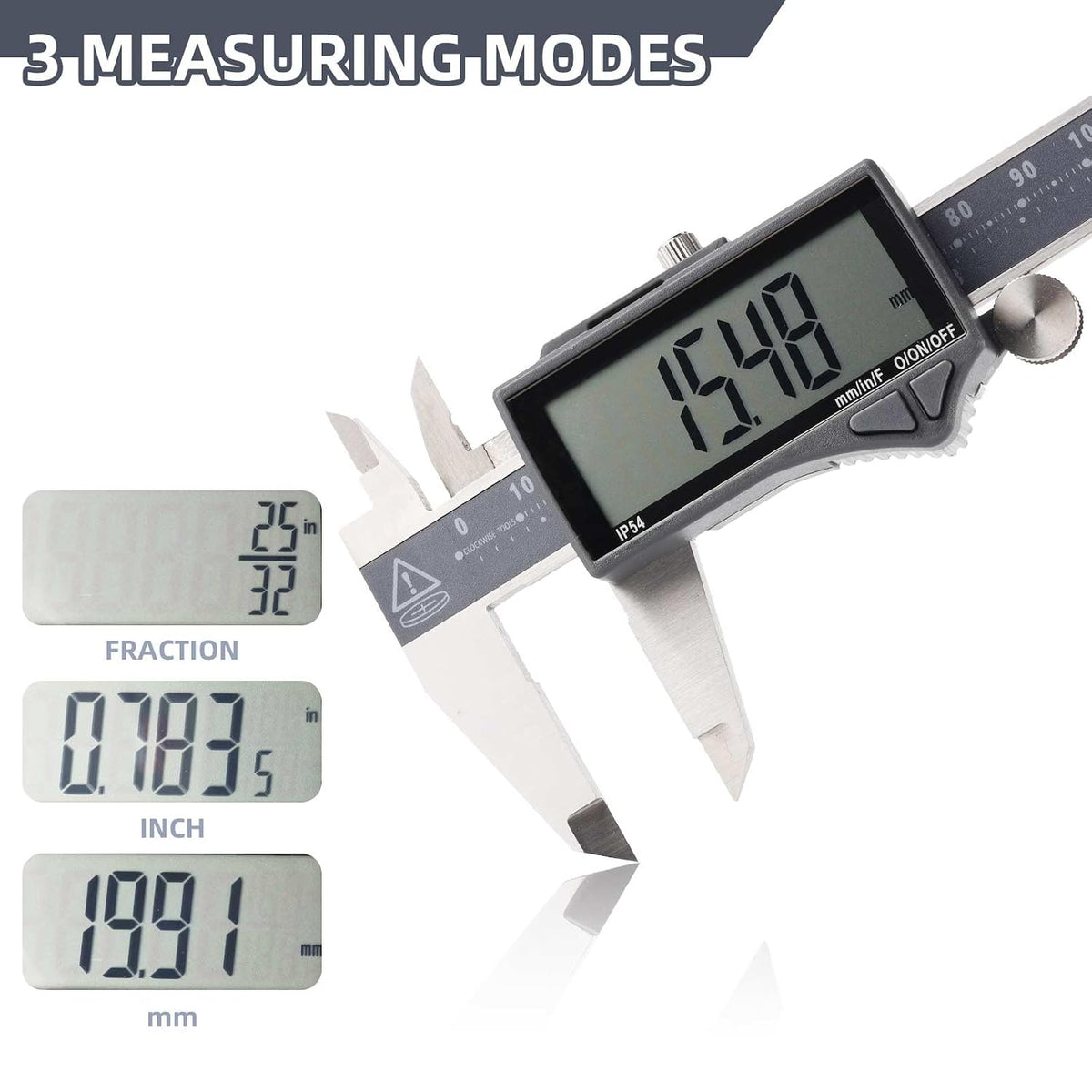 IP54 Grade Digital Caliper, DCLR-0605 0-6" /150mm, Inch/Metric/Fractions Conversion, Stainless Steel, Large LCD Screen