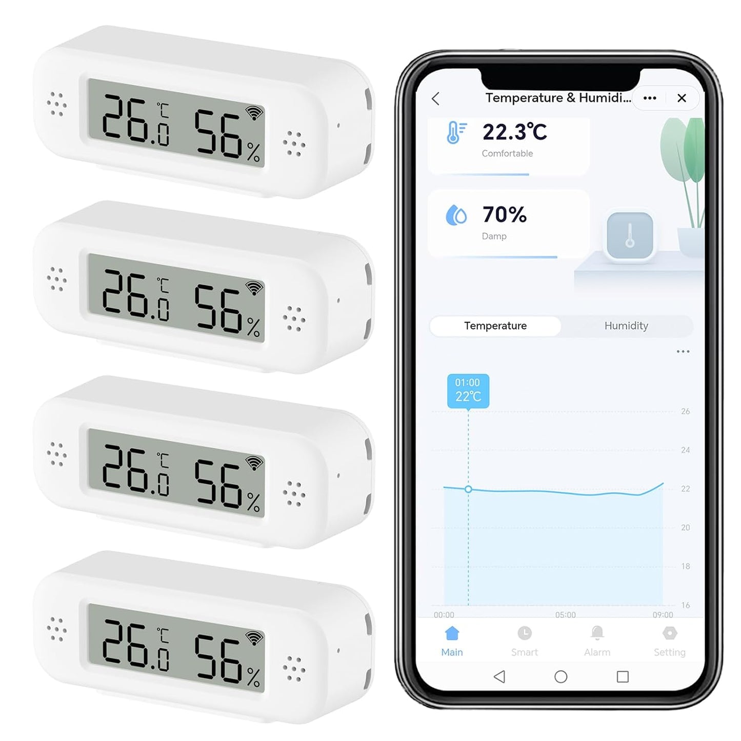 Smart Digital Thermometer Hygrometer, WiFi Indoor Temperature Humidity Sensor with App Alerts, Mini Room Temperature Meter with Data Storage and Export, Compatible with Alexa. 4PCS