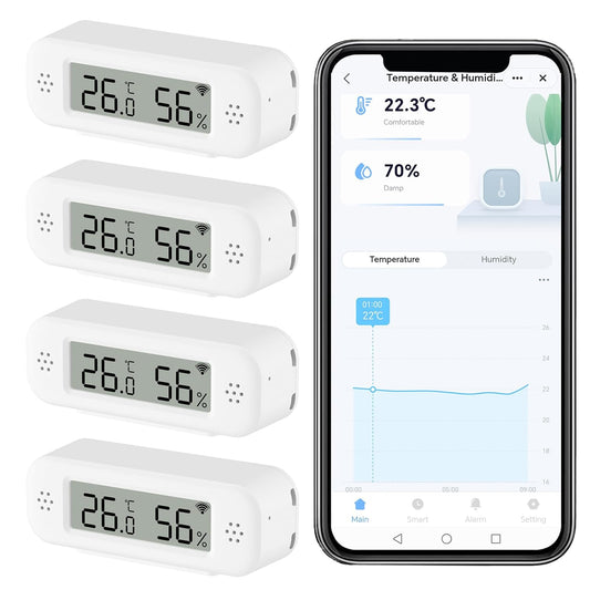 Smart Digital Thermometer Hygrometer, WiFi Indoor Temperature Humidity Sensor with App Alerts, Mini Room Temperature Meter with Data Storage and Export, Compatible with Alexa. 4PCS