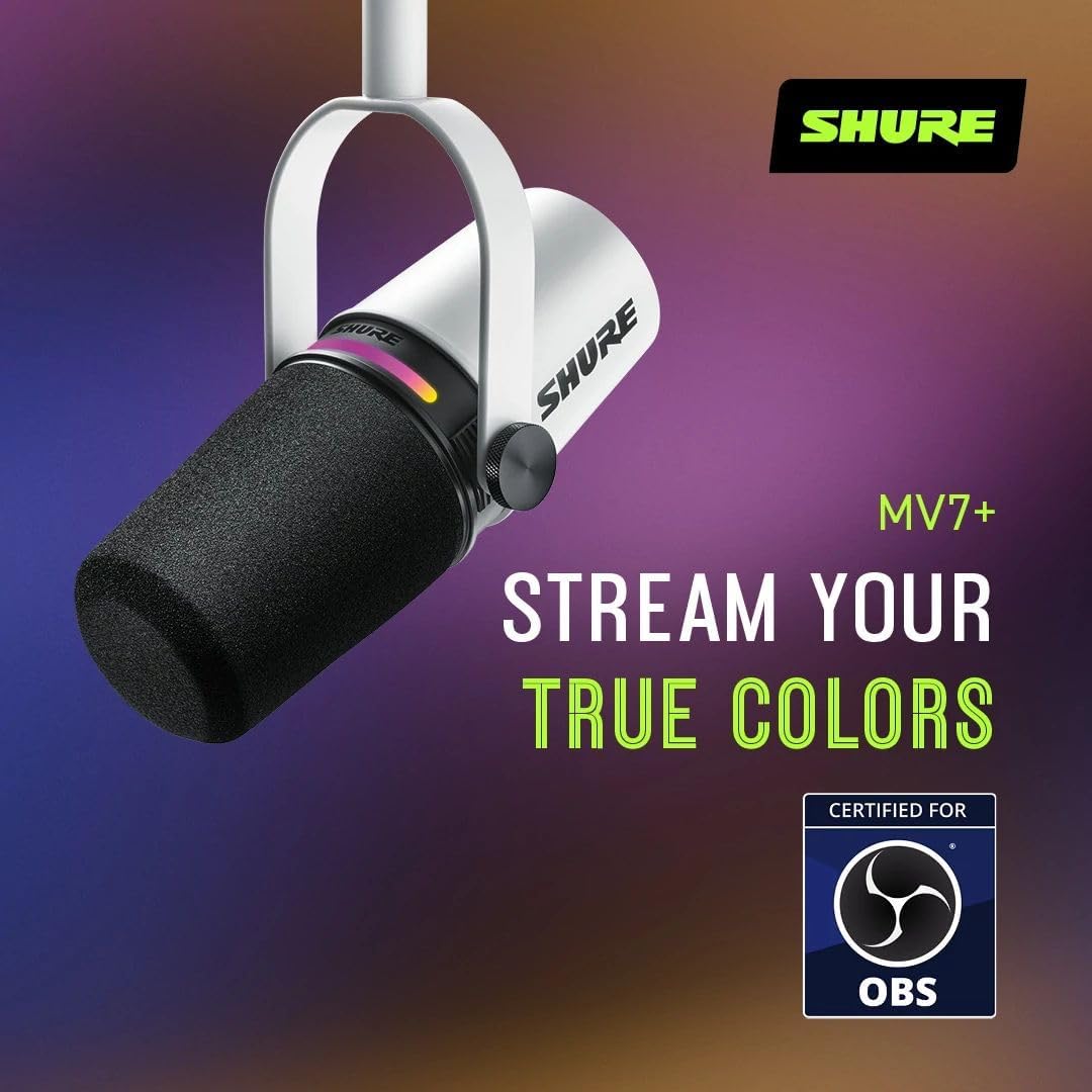 Shure MV7+ USB-C &amp; XLR Podcast Dynamic Microphone - White | USB-C and XLR dynamic mic with LED touch panel, auto level and pop filter for podcasting, streaming and recording