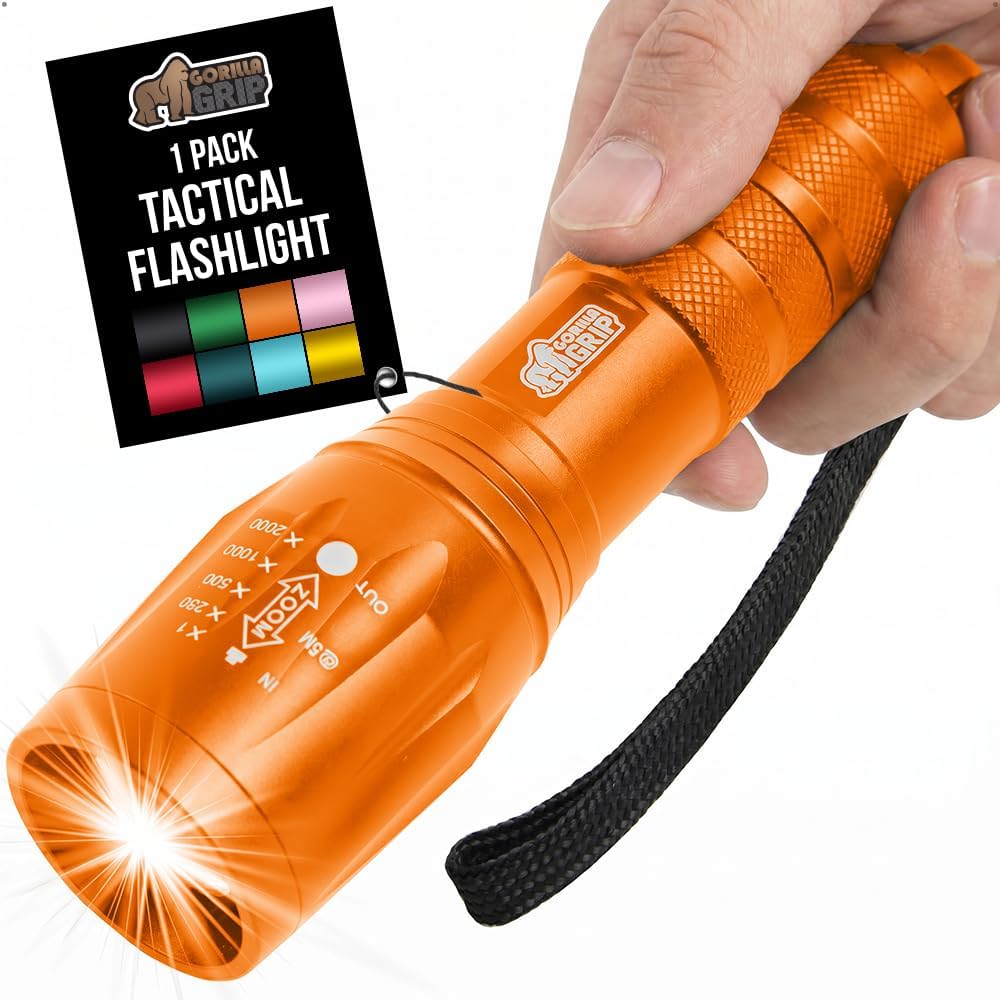 GORILLA GRIP Powerful LED Handheld Tactical Flashlight, 750 FT High Lumens 5 Adjustable Modes, Water Resistant, Ultra Bright Zoom Flashlights, Small Mini, Camping, Night Dog Walking, Orange