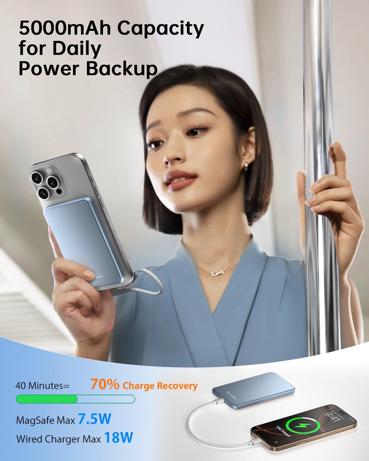 [0.3" Ultra Slim] [Alloy-Made] ULiXWH for Magsafe Portable Charger iPhone | 2026 Upgrade Fast Charging 5000mAh Magnetic Power Bank, Wireless Battery Pack for iPhone 17 Air 16 15 Pro Max 14 13, Blue