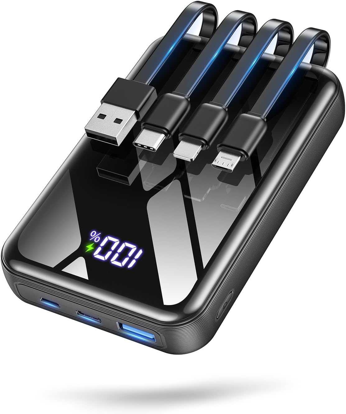 Portable Charger Power Bank 50000mAh, 22.5W Fast Charging & 50% Smaller Battery Pack with Built-in Cables, Travel Camping 4 Outputs, LED Display for iPhone, Android, iPad, Black