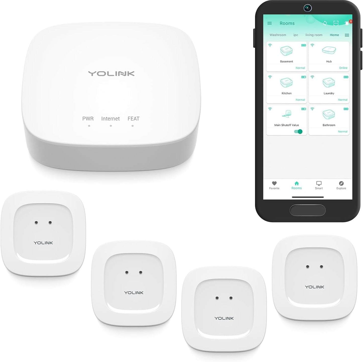 YoLink Water Leak Starter Kit: Hub + 4 Leak Sensor 1 (Silent), LoRa Long-Range, App/SMS/Email Alerts, D2D Offline Triggers, 2 AAA Up to 5-Year Battery, Compatible with Alexa/IFTTT/Home Assistant