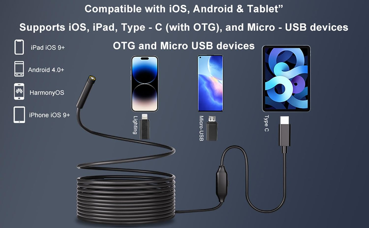 Endoscope Camera with Light, 1920P HD Borescope, 8 Adjustable LED Light, IP67 Waterproof 16.4ft Snake Camera, Semi-Rigid Cable Inspection for Android, iOS