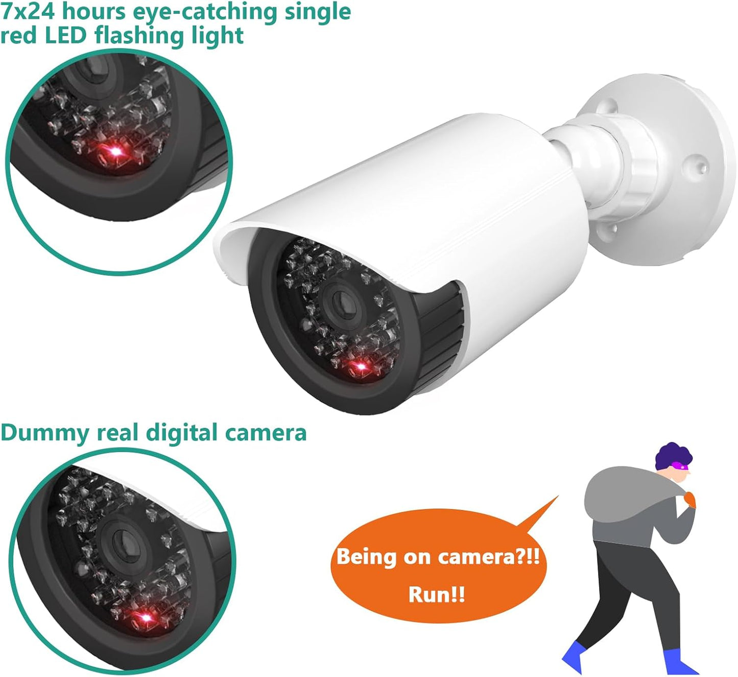 WALI Fake Security Camera with Flashing Red Light, 2 Pack, White（TC-W2） | Dummy Cameras for Outside Indoor, Home Simulated Surveillance Cam, Realistic Look, Weatherproof, Warning Sticker Included