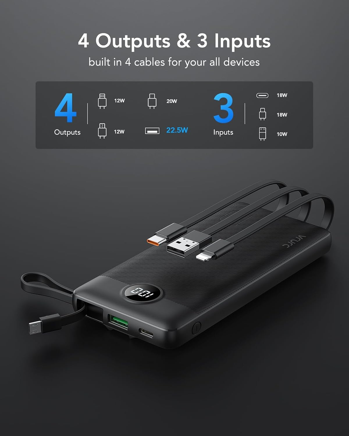 VRURC Portable Charger, 20W PD Fast Charging Power Bank Built in 4 Cables | 10000mAh Compact Portable Phone Charger, 5 Outpputs USB C Battery Pack for iPhone, Samsung & Multi Devices-Black(1 Pack)