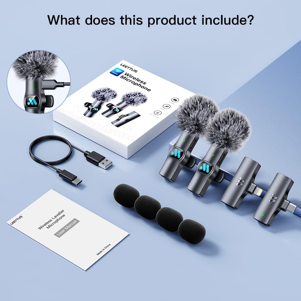 Leettus 2pcs Dual Receivers Mini Microphone for iPhone iPad Android Video Recording,Lavalier Wireless Microphones for Game,Live Streaming,Interviews,YouTube,TikTok,Vlog