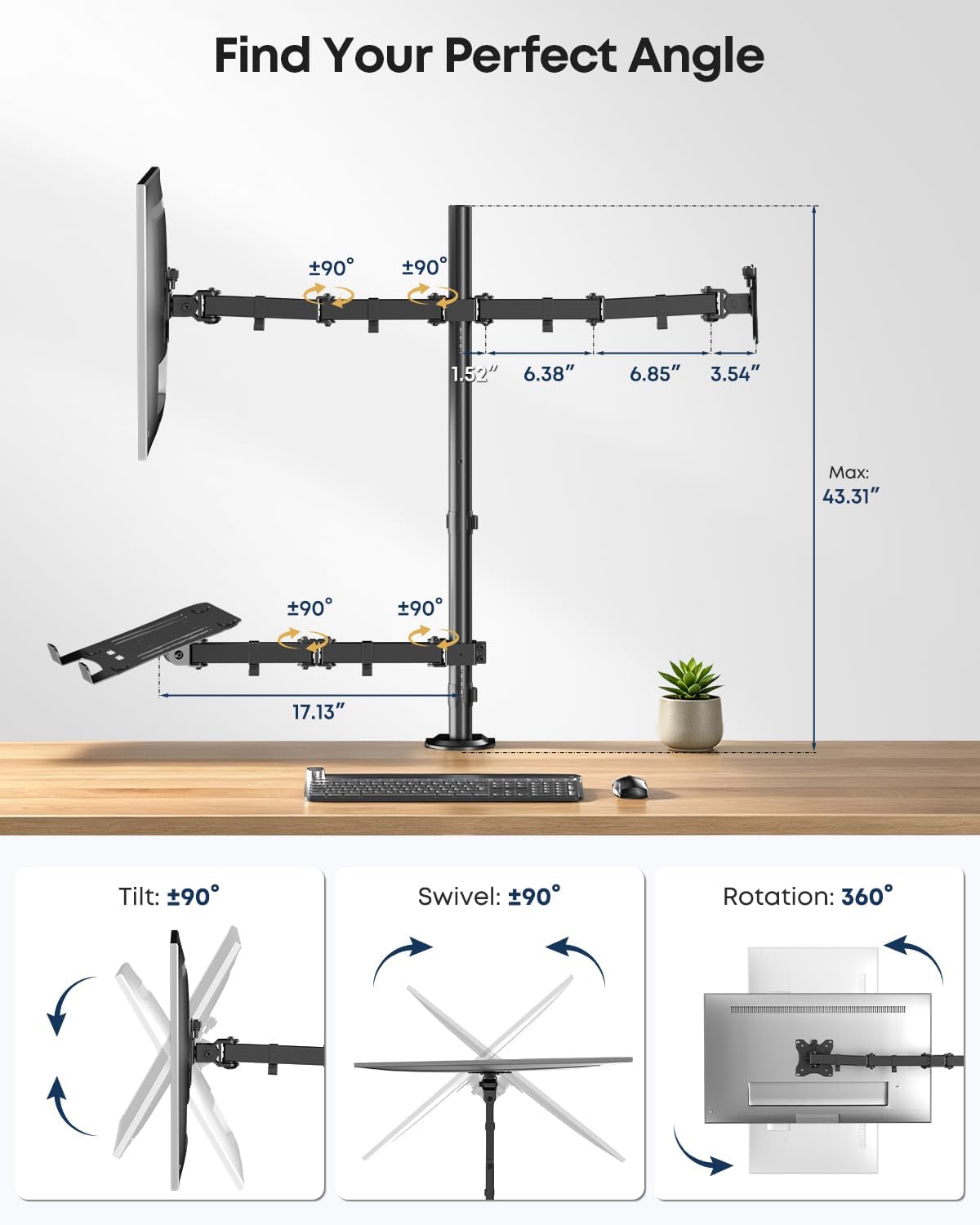 Dual Monitor and Laptop Desk Mount fits 17-32 Inch, Full Motion