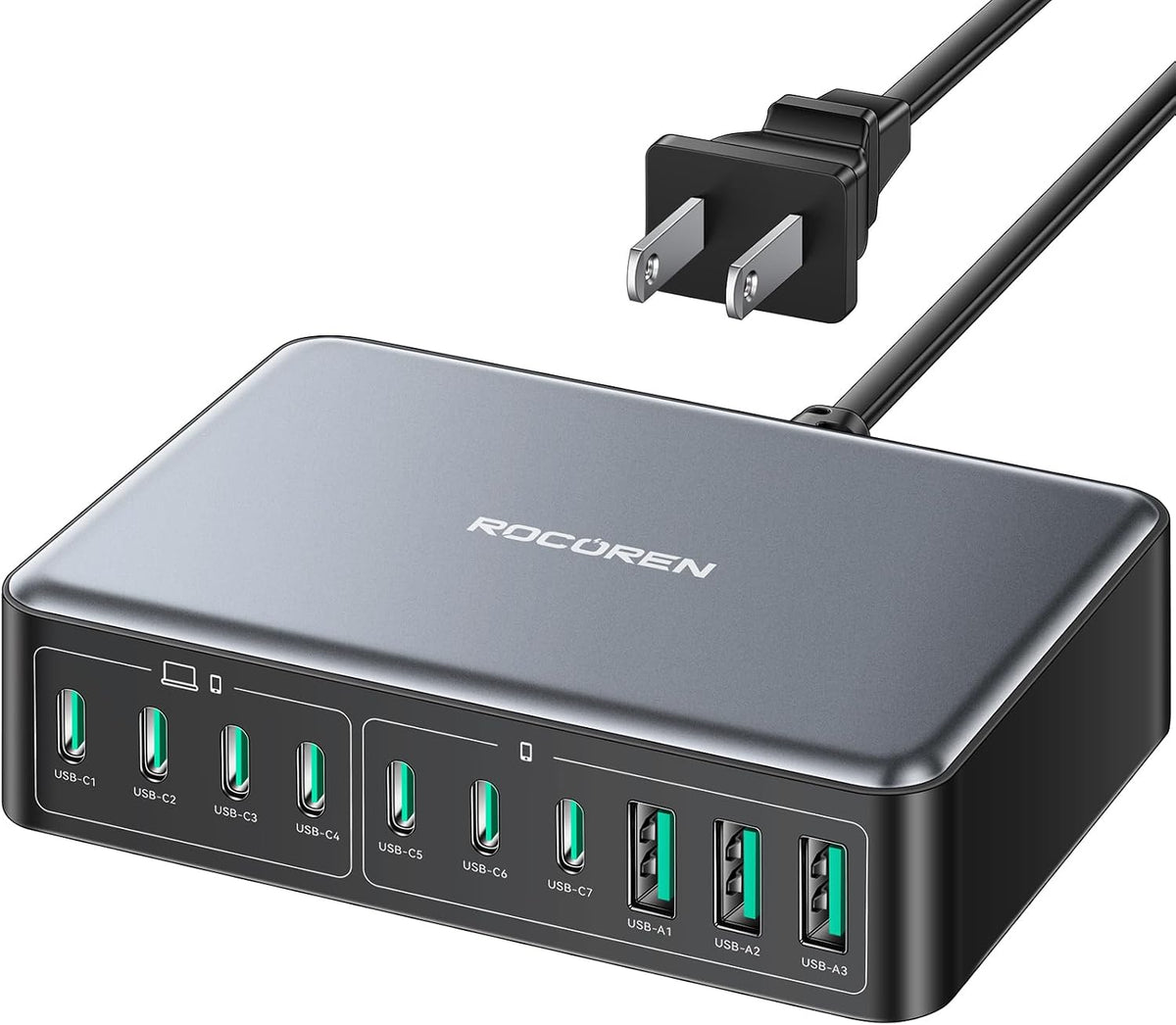 Rocoren 480W GaN 10‑Port Charging Station, PD 100W Fast USB‑C Charger Hub