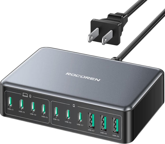 Rocoren 480W GaN 10‑Port Charging Station, PD 100W Fast USB‑C Charger Hub