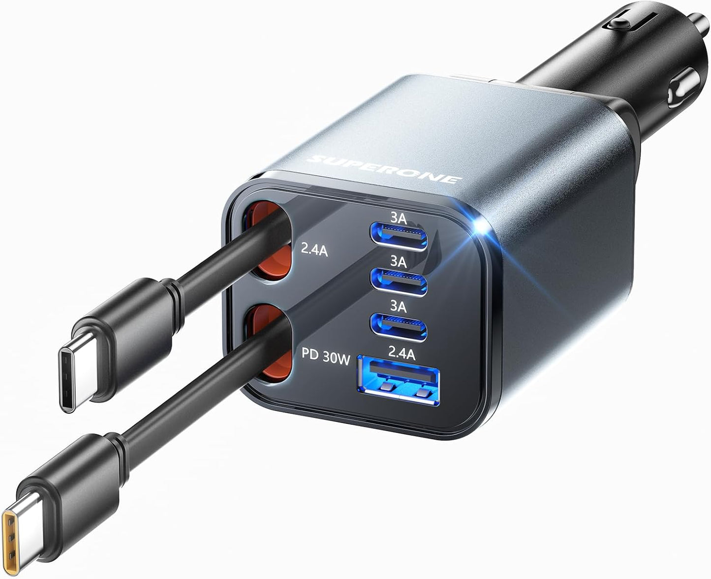 SUPERONE Retractable Car Charger, 6-Port [Ultra-Compact] Car Charger USB C | 99W iPhone Car Chargers Fast Charging with Dual USB C Cables, Car Adapter for iPhone 17/16/15/14/13/12, 180°Adjustable Plug