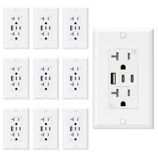 ELEGRP USB Outlets, 20 Amp Wall Outlet with 3 USB Ports, Dual USB C Ports Outlets, TR Tamper-Resistant USB Outlets Receptacles, Wall Plate Included, UL/CUL Listed, 10 Pack, White