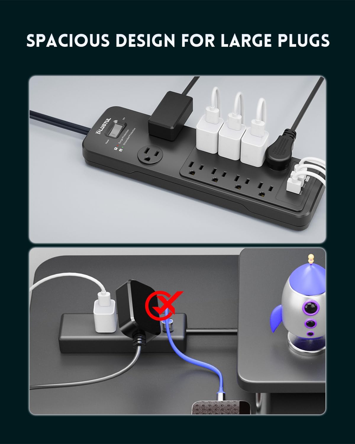 Surge Protector Power Strip 25FT | Surge Protector with 10 Outlets - Spacious Design for Large Plugs, Flat Plug, 20W USB C Charging for Home, ETL Listed, 2040J