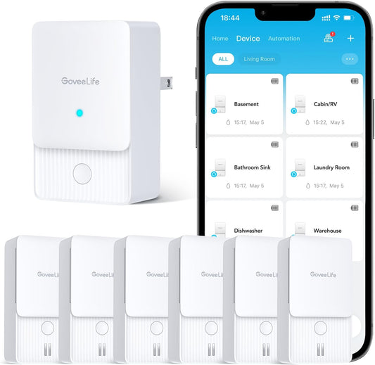 GoveeLife Smart Water Leak Detector 2 with 1968ft Ultra-Long Range, 6 Pack | WiFi Water Sensor with SMS/Email/APP Push and Sound Alarm, 5-Year Battery Life, IP66, Suitable for Home, Basement, Kitchen