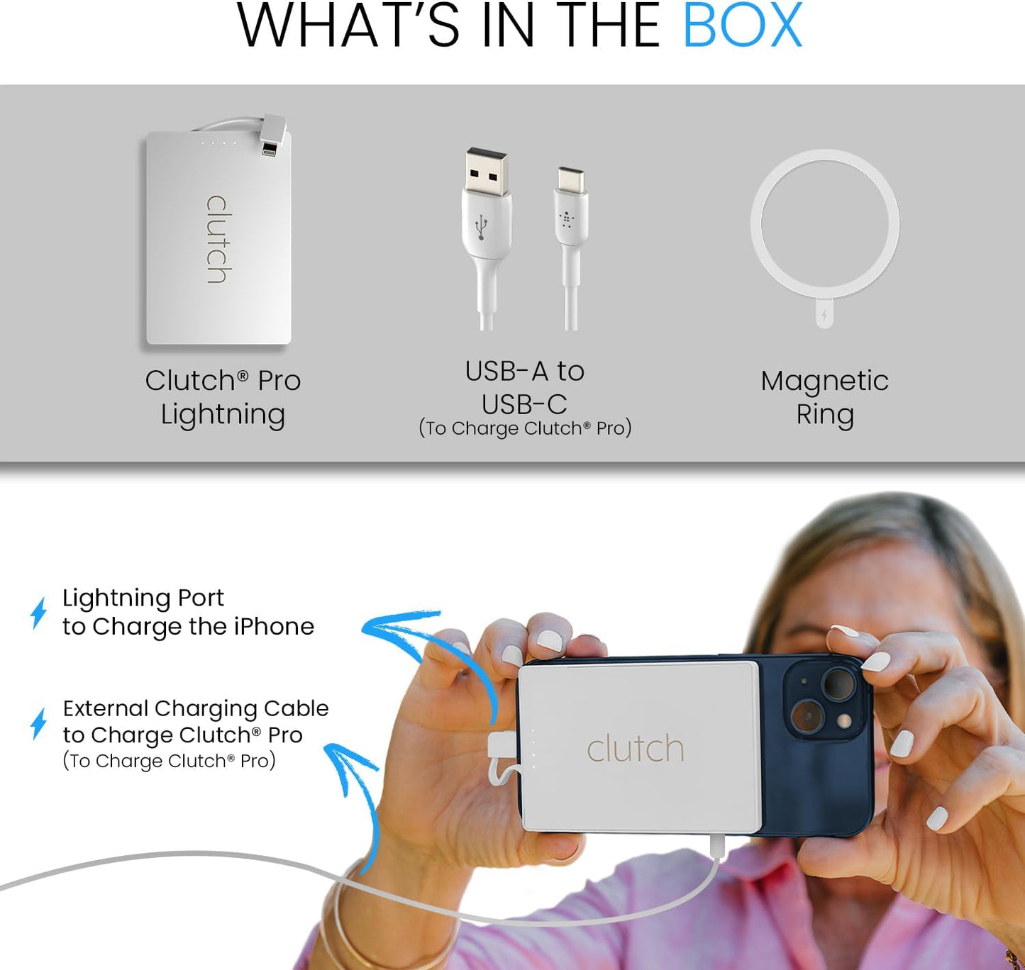 Clutch Pro – World's Thinnest iPhone Charger – Portable Power Bank 5000mAh – Magnetic Built-in Lightning Cable – TSA Approved Travel Charger – iPhone 14 & Earlier – White