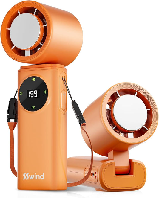 6000mAh Portable Handheld Fan with Ice Cooling, 199 Levels Stepless Speed, 20H Long Battery Life, 20000RPM Turbo Fan Rechargeable Personal Mini Fan for Travel, Outdoor, Makeup (Orange)