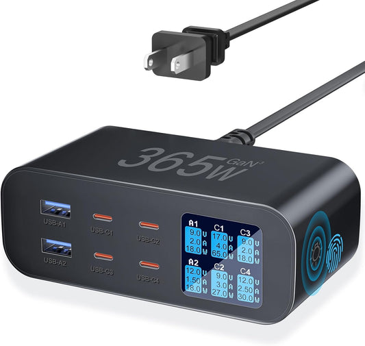 USB C Charger 6-Port with LED Display Adjustable Brightness | USB Charging Station GaN Multiport Fast Charger PD 100w 65W QC 3.0 Support PPS Compatible with MacBook iPhone Samsung, Black
