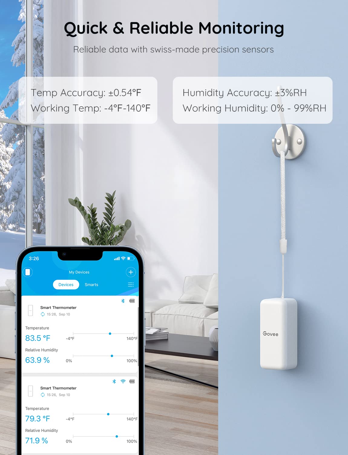 Govee Hygrometer Thermometer 3 Pack, Mini Humidity Sensor with Gateway | Indoor wireless smart temperature humidity monitor with APP alert, export 2-yr data, remote control for home/greenhouse