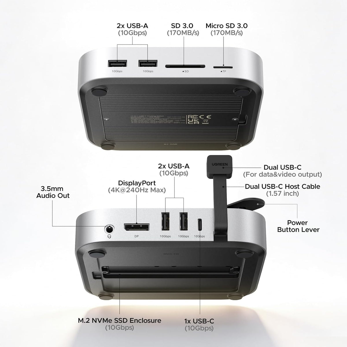 UGREEN Mac mini M4 Dock DP Hub 4K@144Hz with NVMe Enclosure | 10G USB-A/C, SD/TF slots, audio port, M.2 NVMe enclosure, for Mac mini M4/M4 Pro 2024