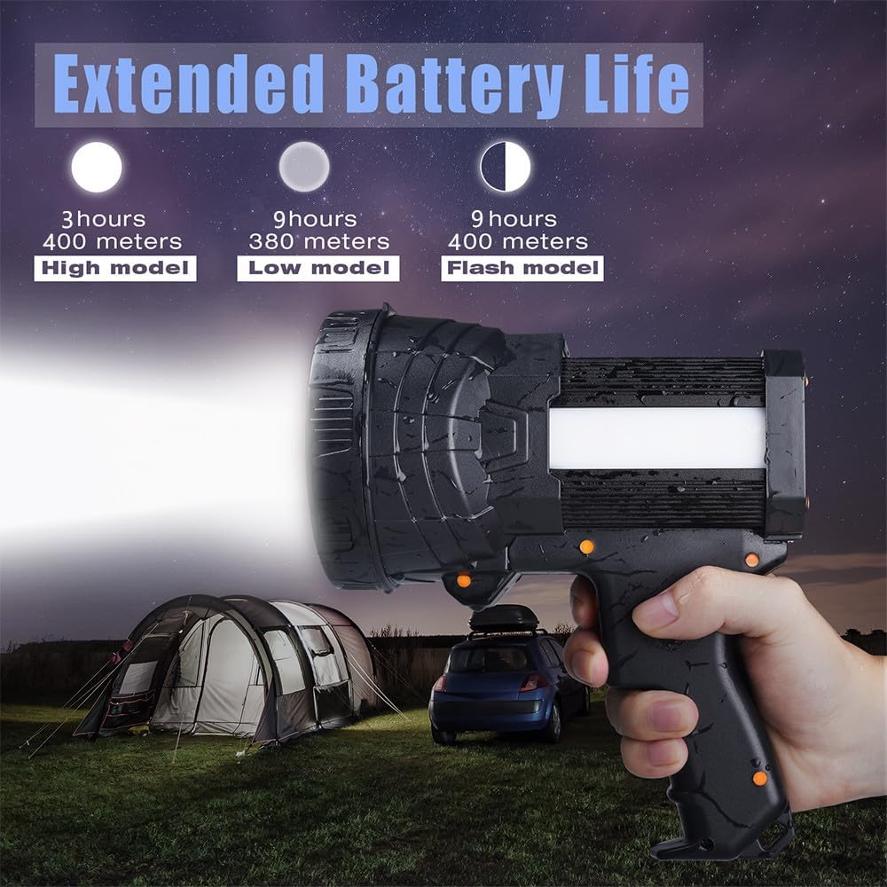 YIERBLUE Rechargeable Spotlight, Super Bright 2000,000 High Lumen LED Handheld Spotlight Long Lasting Large Flashlight Searchlight and Flood Camping Flashlight with Foldable Tripod Black