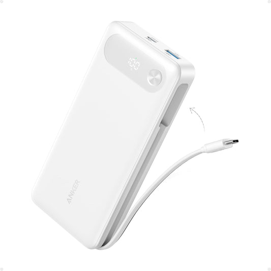 Anker Power Bank, 20,000mAh Travel Essential, Built-in USB-C Cable(White) | 3-Port 87W Max Fast Charging Battery Pack, for MacBook, iPhone 16 / 15 Series, Samsung, Switch, and More