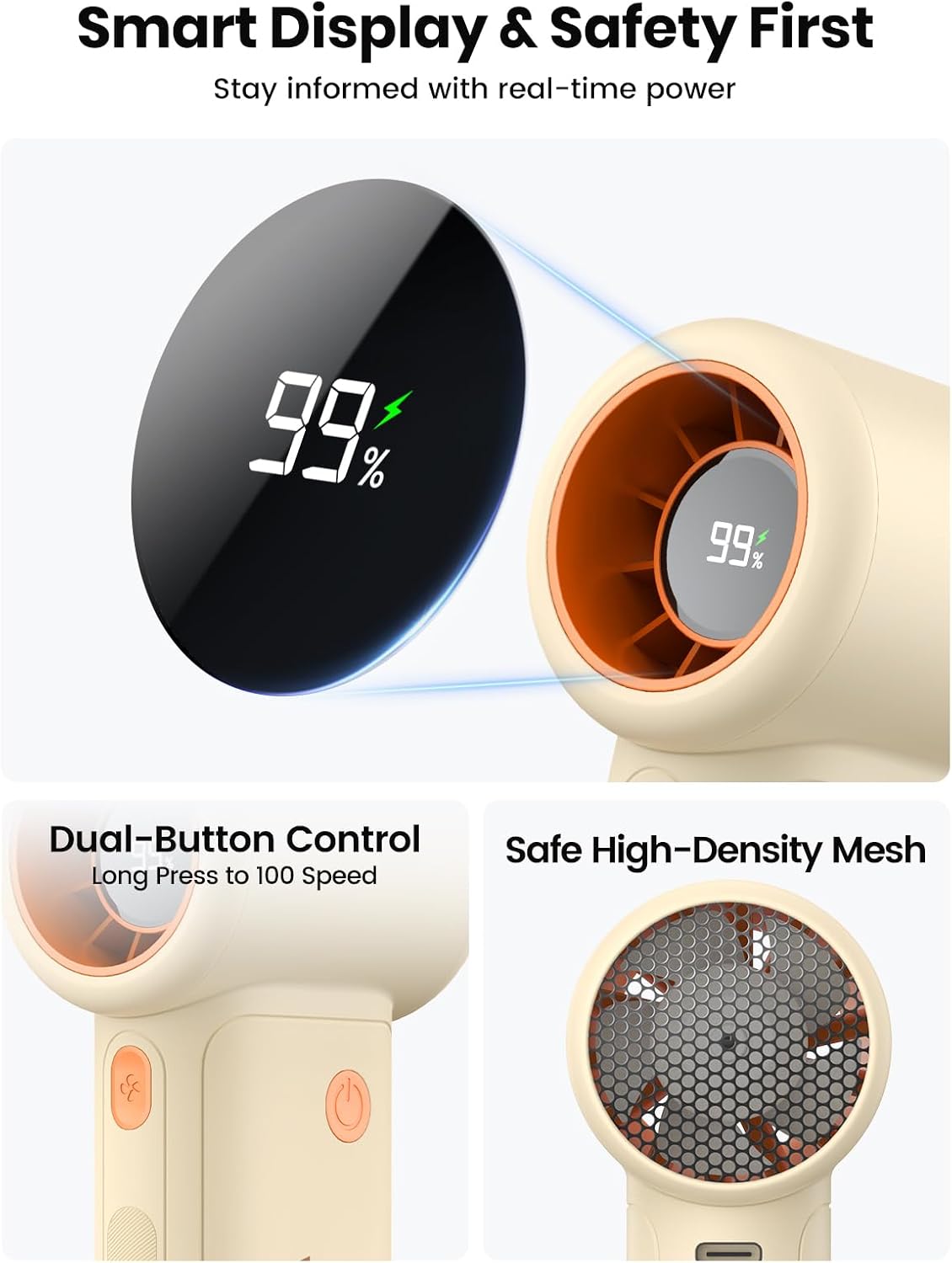 Warmco 10000mAh Portable Handheld Fan, [36H Long Runtime] USB Rechargeable Personal Mini Turbo Fan With 5 Speeds & LED Display for Travel Outdoor, Gift for Men and Women