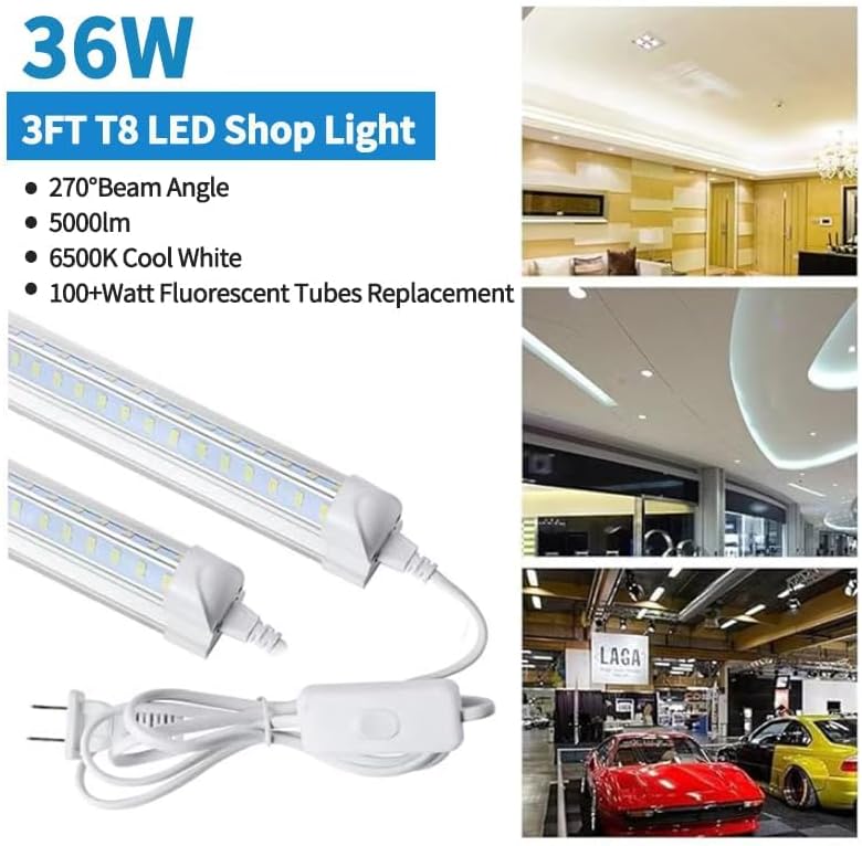 AQIQUUT 3FT Lights 36W 6500K 5000LM Daylight,Foot Led Shop Lights 110V Linkable Clear Cover Integrated V-Shape for Shop Garage Warehouse Workshop Commercial Bay Lighting(2-Pack)