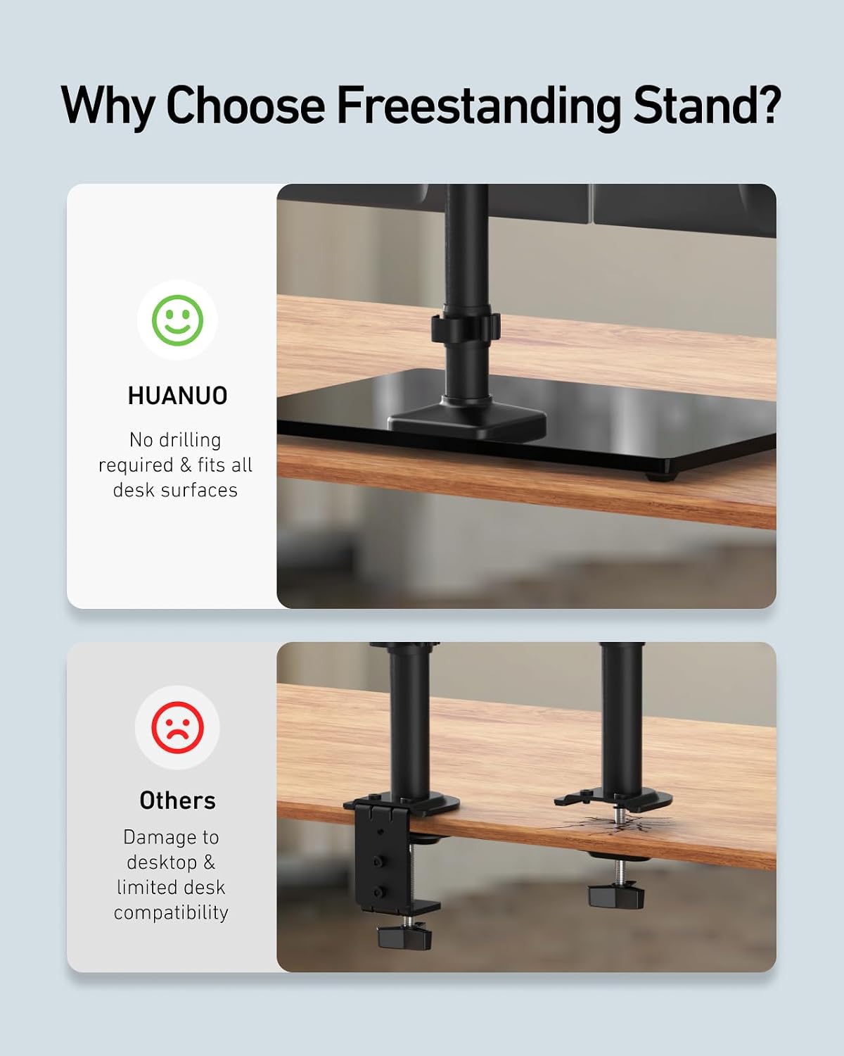HUANUO Freestanding Dual Monitor Stand, 32 Inch Dual Monitor Mount for 2 Screens, Holds up to 19.8 lbs per Arm, Gaming Monitor Arm Riser with Tempered-Glass Base, Tilt, Swivel, Rotation, Black