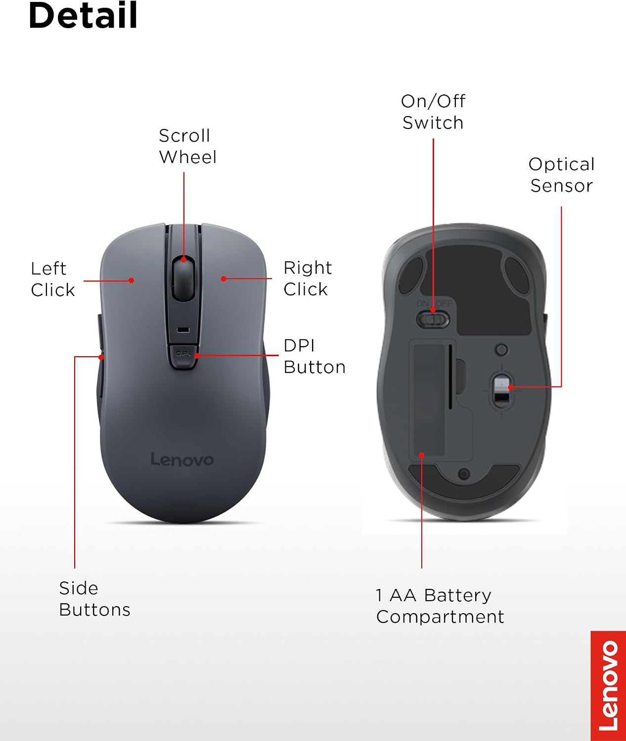 Lenovo WL310 Bluetooth Silent Mouse, Ergonomic, Adjustable DPI, Silent Clicks, Bluetooth 5.0, Portable for Windows, Mac, and Chromebook, Grey