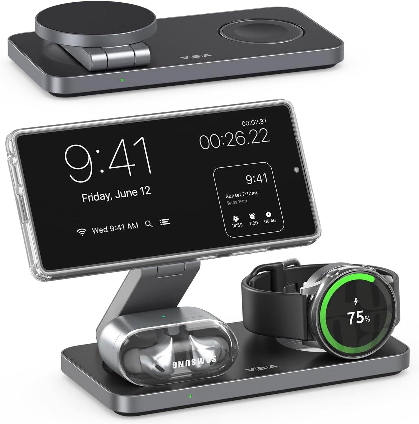 3 in 1 Foldable Magnetic Wireless Charging Station for Samsung, Wireless Charger Stand for Galaxy S26 Ultra S25/S24 /Note 20/Flip 7/Fold 7, for Galaxy Watch Ultra/8/7/6,Galaxy Buds 3/3 Pro